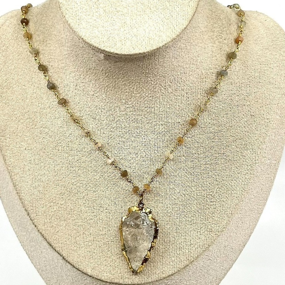 VTG Boho Clear Quartz Arrowhead Pendant Gold Tone‎ Beaded Rosary Chain Necklace